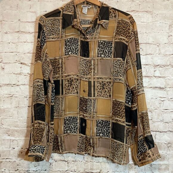 Robbie Bee Top Womens XL Silk Brown Patchwork Animal Print Equestrian Button Up - Picture 1 of 11